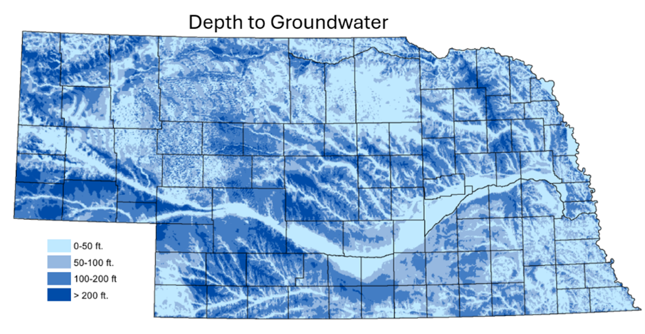 Map of Nebraska color coded by depth to groundwater