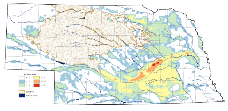 Map of Nebraska colored by well density
