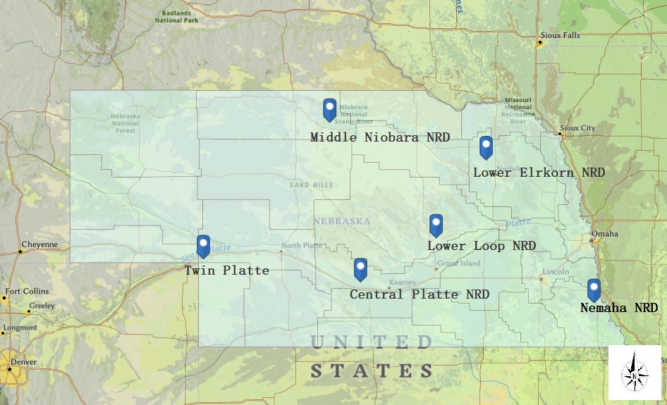 Research sites location in 6 Natural Resource Districts of Nebraska
