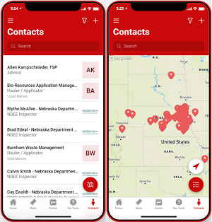 contacts screens in the manure app