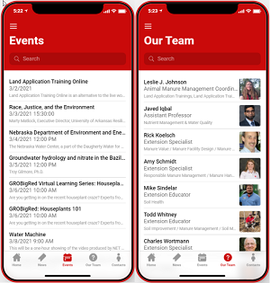 events and team screens on manure app