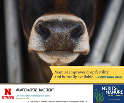 example graphic with photo of a cow's nose and says "manure improves crop fertility and is locally available" and provides a link to manure.unl.edu