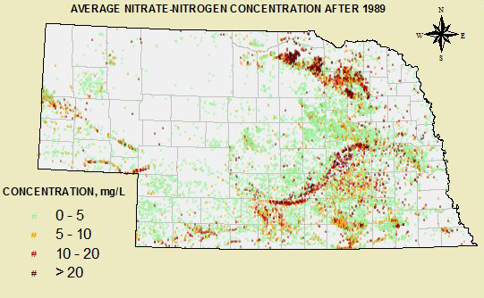 Map illustrating concentrations of nitrate-nitrogen across the state