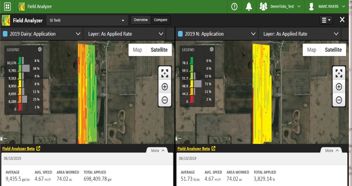 Figure 3. Sample output results in an as-applied map of gallon per acre (left) and a pounds N per acre (right) application rate.