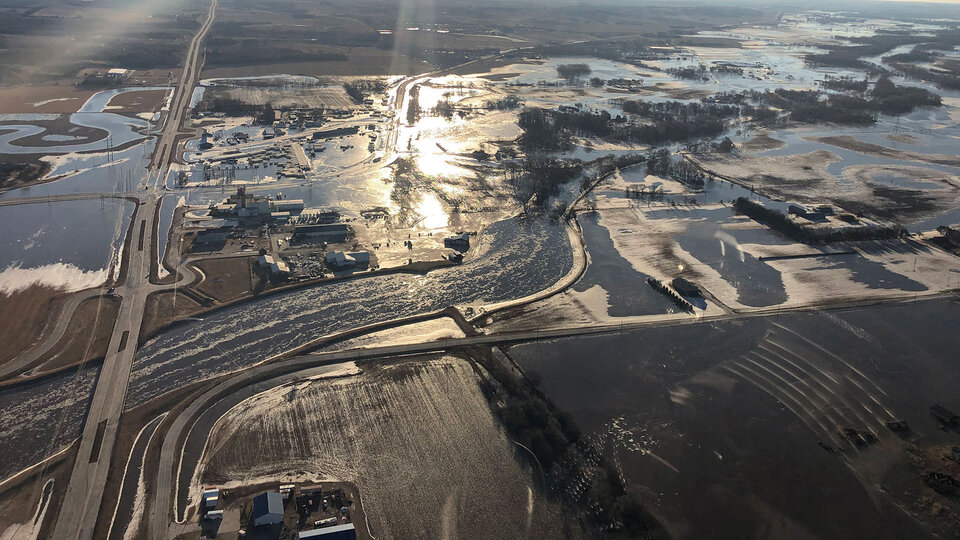 Aerial photo of a flooded landscape.