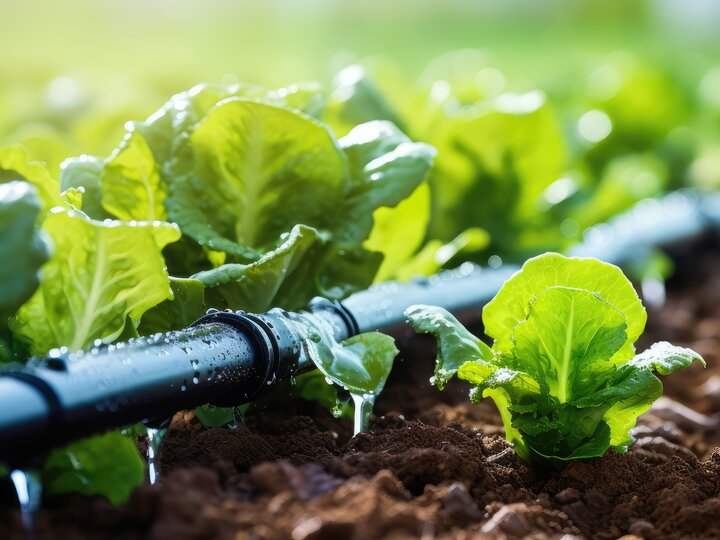Vegetable plants watered by drip irriagation