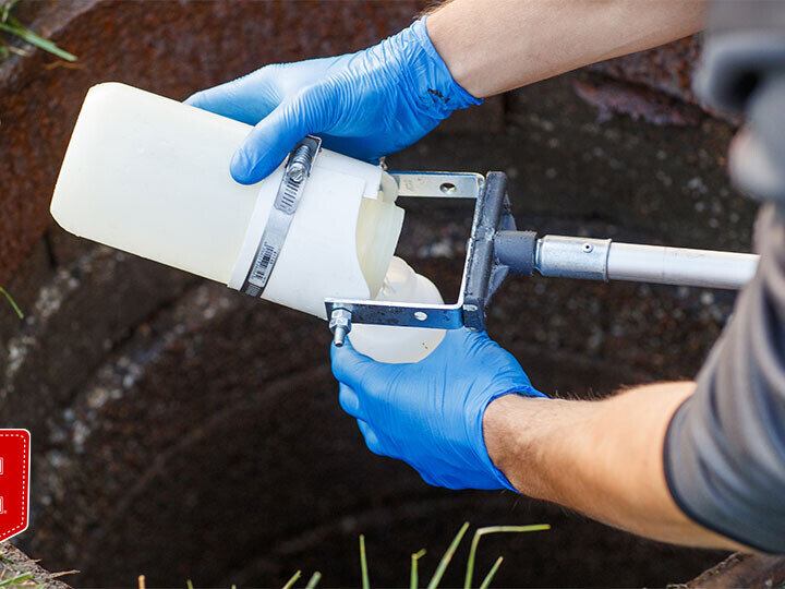 A graduate student collects a wastewater sample from a sewer connected to Harper Residence Hall.