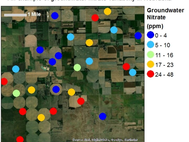map of groundwater nitrate variability in Nebraska