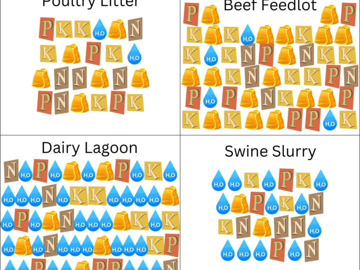 visual representation of various manures' nitrogen, phosphorus, and potassium contents compared to volume of organic matter and water.