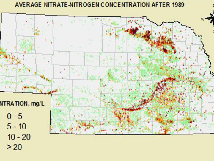 Map illustrating concentrations of nitrate-nitrogen across the state