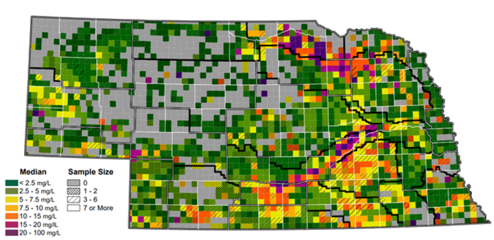 Map of groundwater nitrate levels in Nebraska