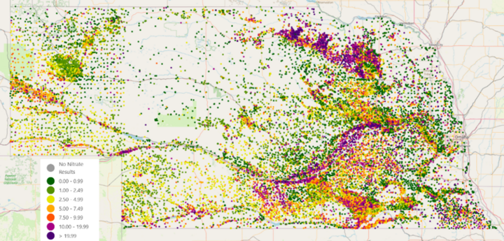 Map of Nebraska with individual well nitrate 