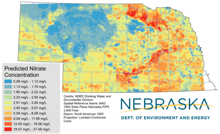 Map of Nebraska colored by groundwater nitrate levels