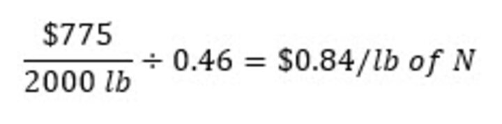 $755 / 2000 lbs / 0.46 = $0.84 per pount of N