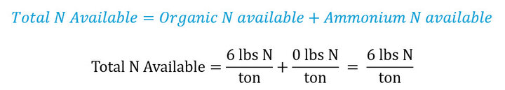 Total N Available=Organic N available+Ammonium N available, Total N Available=(6 lbs N)/ton+(0 lbs N)/ton  =  (6 lbs N)/ton