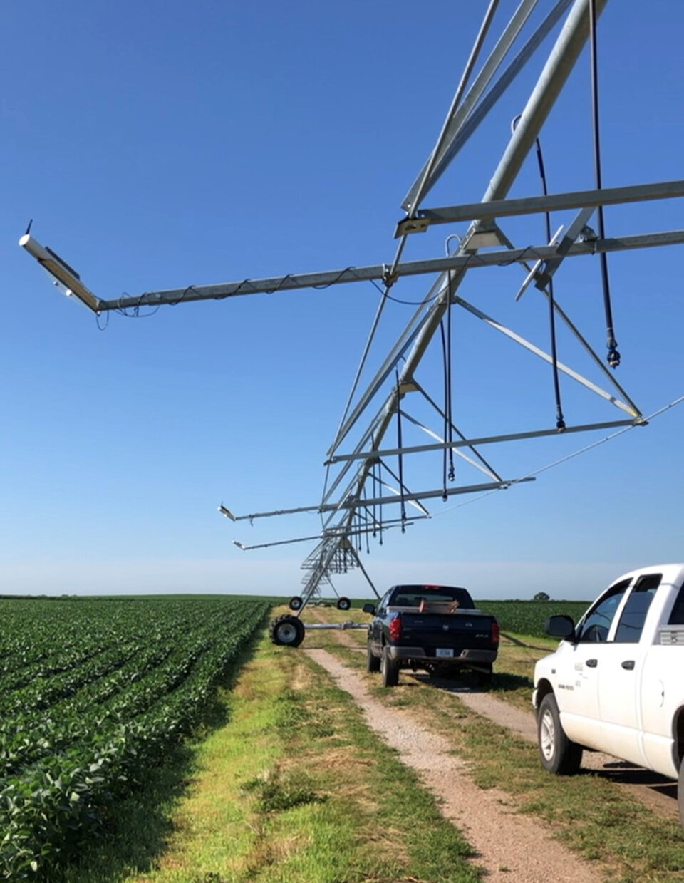 Thermal infrared sensors mounted on the center pivot irrigation system for monitoring canopy temperature.