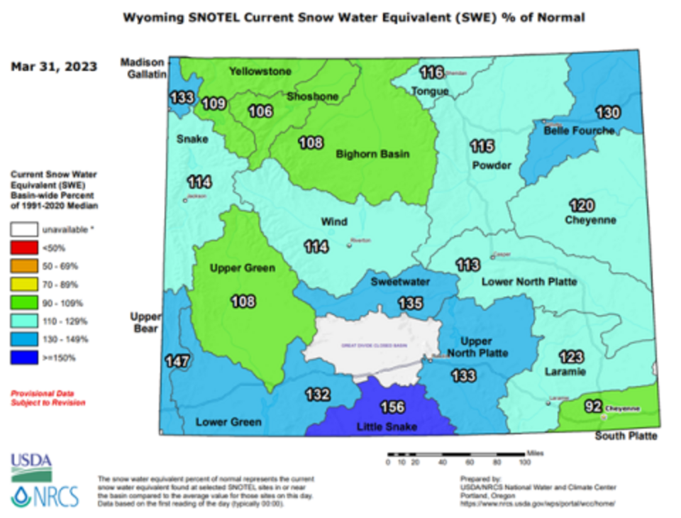 USDA NRCS Wyoming SNOTEL snow water equivalent percent of normal.