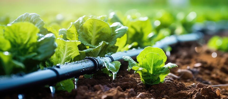 Vegetable plants watered by drip irriagation
