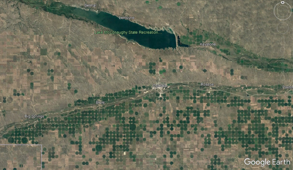 Center pivot irrigation systems dot the landscape along the South Platte River in Western Nebraska