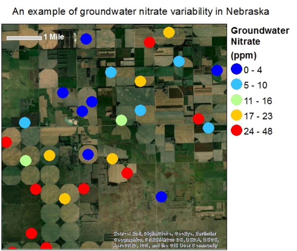 map of groundwater nitrate variability in Nebraska
