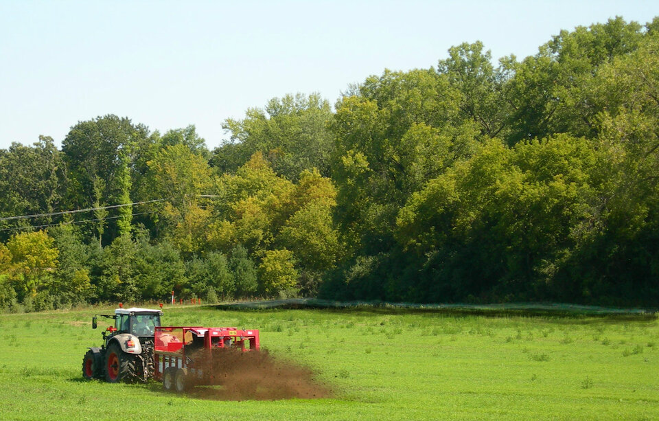 Tractor spreading manure in a green hay field near a dense line of trees under a clear sky.