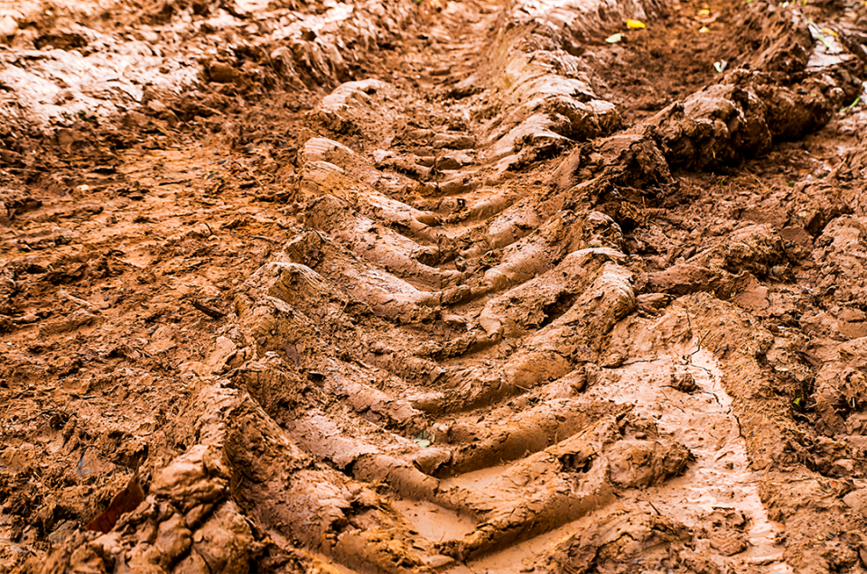 tire tracks in muddy clay soil